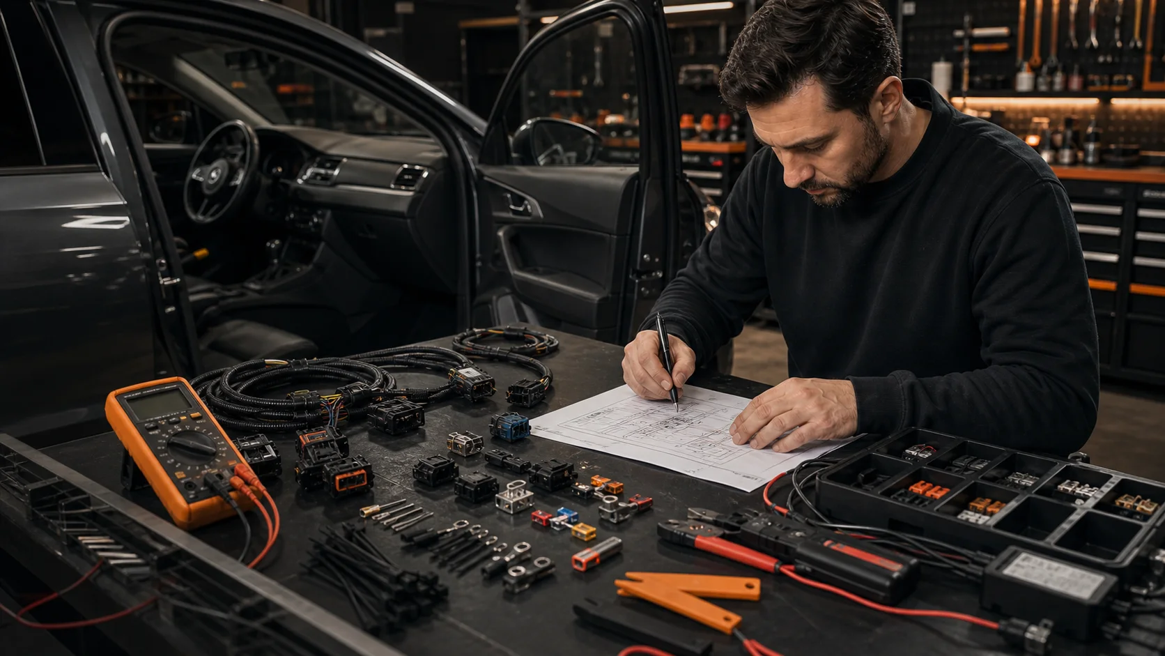 Préparation d’une pose d’accessoire électrique avec faisceau, fusible et multimètre