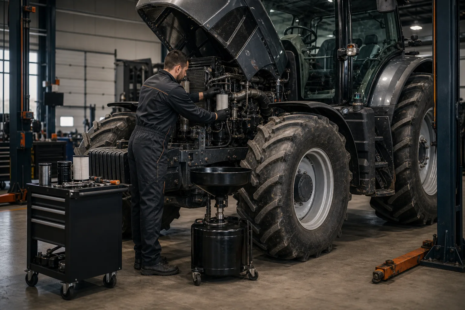 Entretien et vidange sur tracteur agricole en atelier