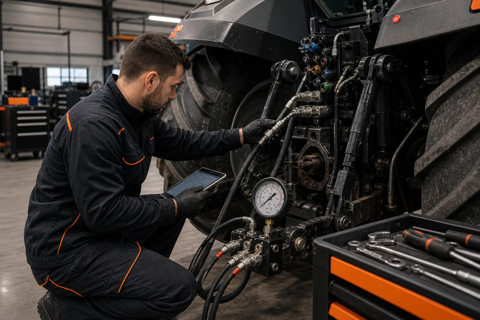 Contrôle hydraulique sur tracteur agricole