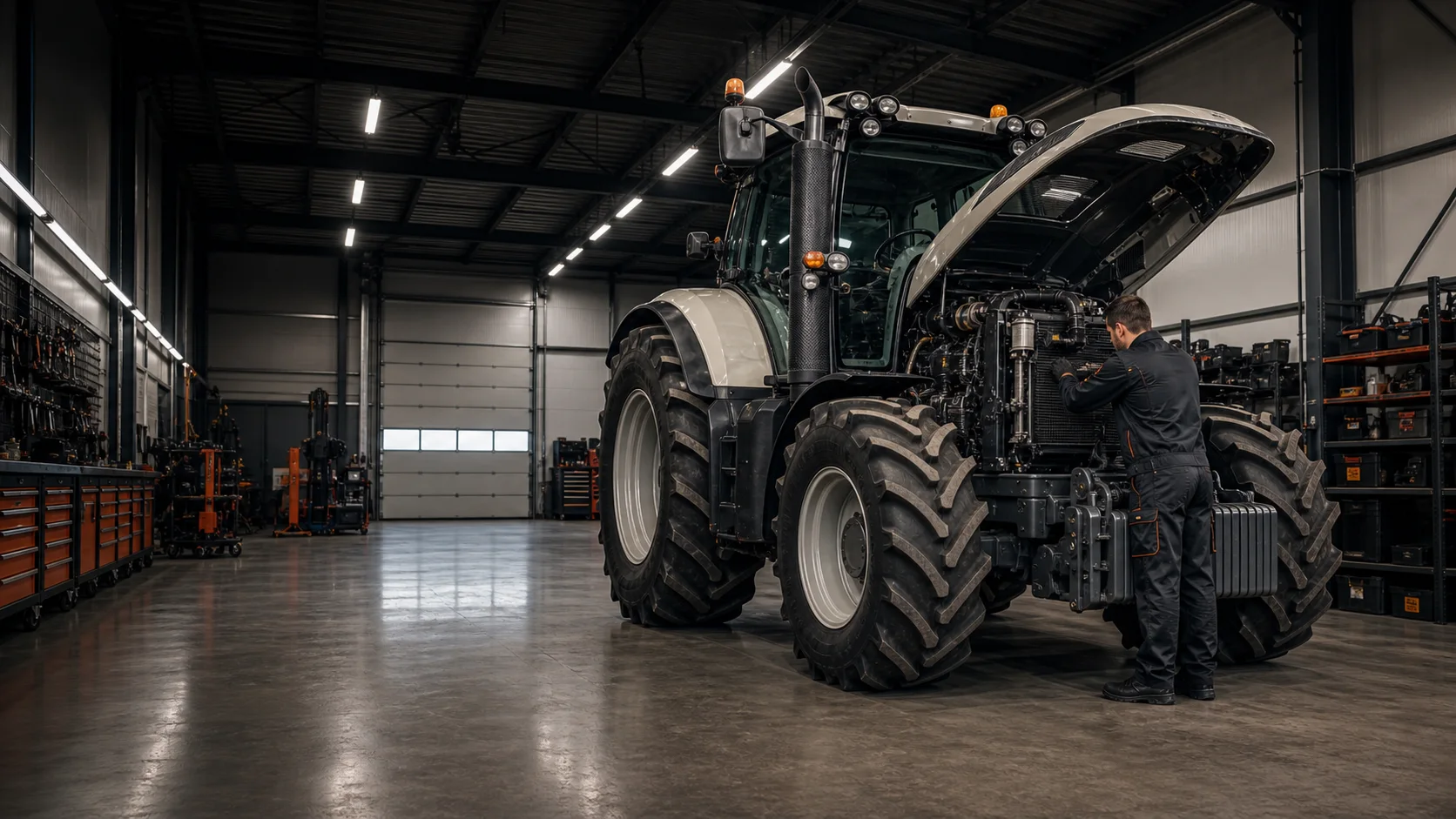 Tracteur agricole en intervention mécanique dans un atelier propre