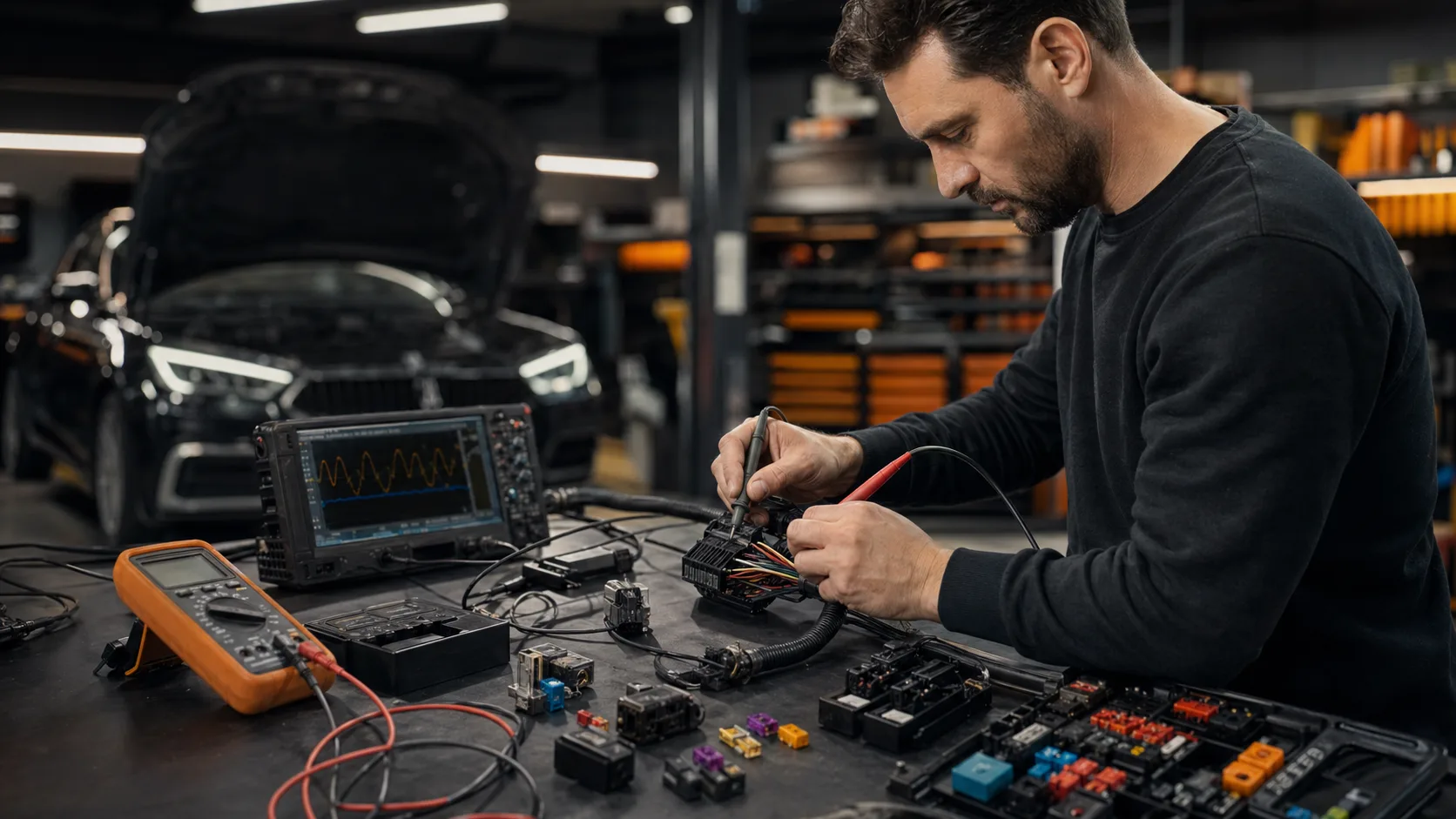 Mesures électriques sur faisceau automobile avec multimètre et oscilloscope