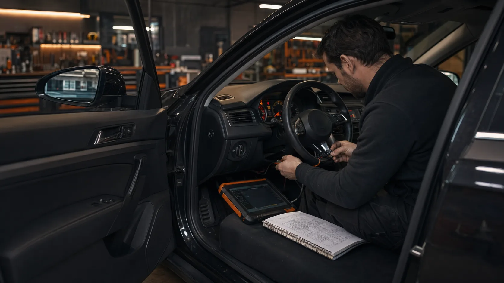 Diagnostic d’un symptôme électrique automobile avec tablette et tableau de bord