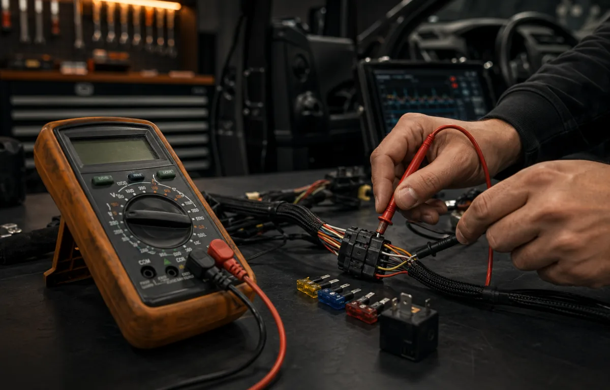 Multimètre contrôlant un connecteur de faisceau automobile
