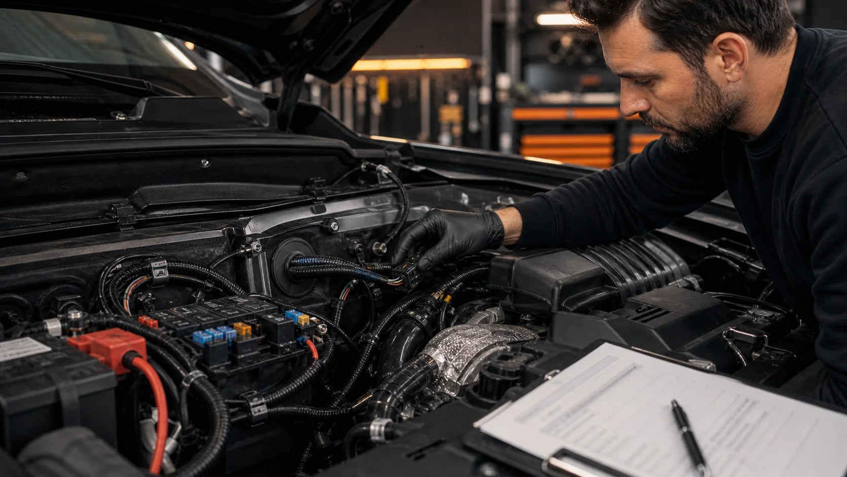 Faisceau automobile posé proprement avec protections et fixation conforme