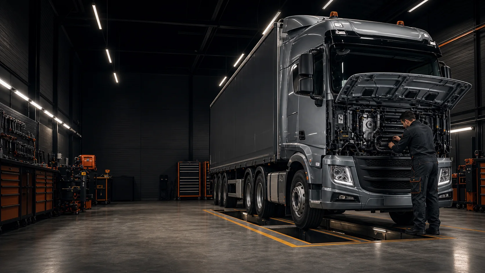Camion poids-lourd en diagnostic dans un atelier mécanique propre