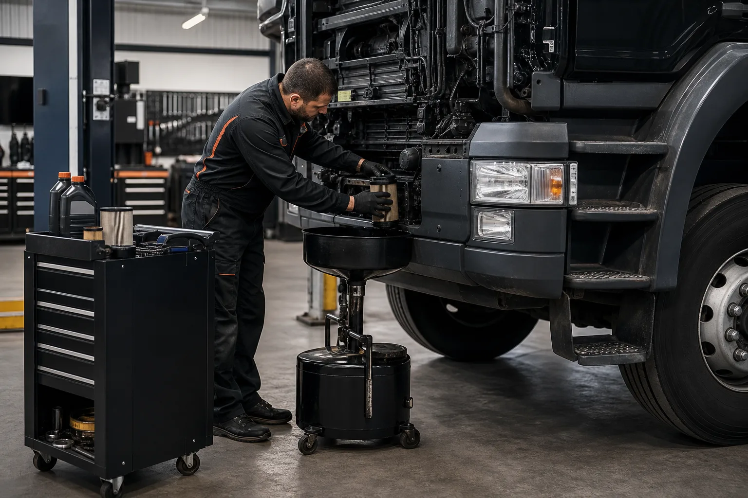 Entretien et vidange sur camion poids-lourd en atelier